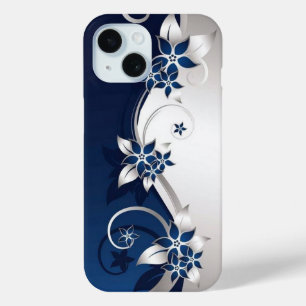 青と白の3D花 iPhone 15ケース