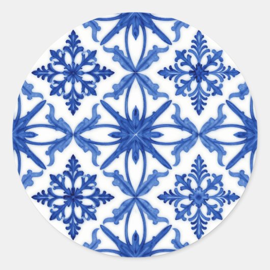 青と白のAzulejoタイルの花柄 ラウンドシール (正面)