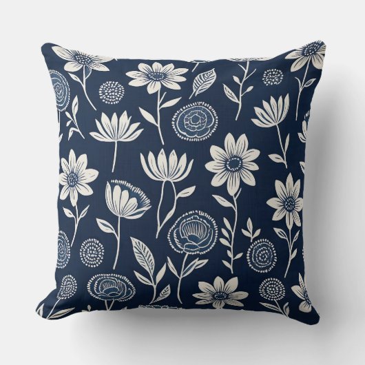 青と白のbohoフローラ – ブロックプリント-スタイル クッション (正面)