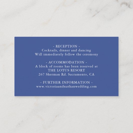 青と白のChinoiserieのフローラ結婚の詳細 エンクロージャーカード (裏面)