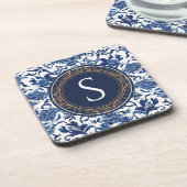 青と白のChinoiserieフローラモノグラム コースター (左側)