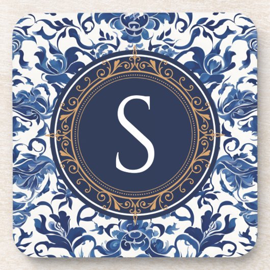 青と白のChinoiserieフローラモノグラム コースター (正面)