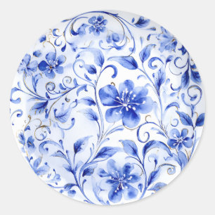 青と白のChinoiserieフローラ ラウンドシール
