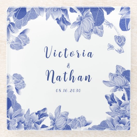 青と白のChinoiserieロータス結婚フローラ ガラスコースター (正面)