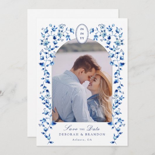 青と白のDelft写真日付を保存 招待状 (正面/裏面)