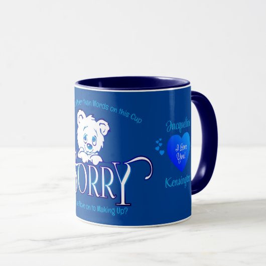 青と白のSORRY マグカップ (正面右)