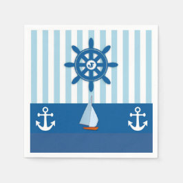 青と白をテーマ航海のにしたモノグラームデザイン。 スタンダードカクテルナプキン