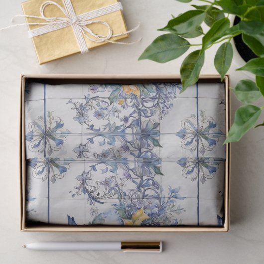 青と白イタリアンのフローラ花瓶タイルのデコページ 薄葉紙 (ギフト)