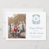 青と白エレガントのクリスマスモノグラムの写真 シーズンカード (正面)