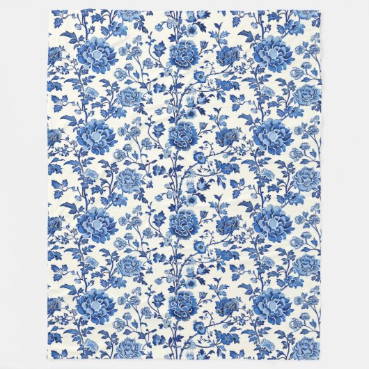 青と白エレガントのフローラChinoiserie フリースブランケット (正面)