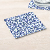 青と白エレガントのモロッコスタイルダマスク スクエアペーパーコースター (アングル)