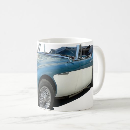 青と白オースティンヒーリー3000スポーツカー コーヒーマグカップ (正面右)