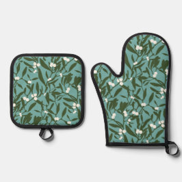 青と白クラシックのクリスマスのミスタントー 鍋つかみ&鍋敷きセット