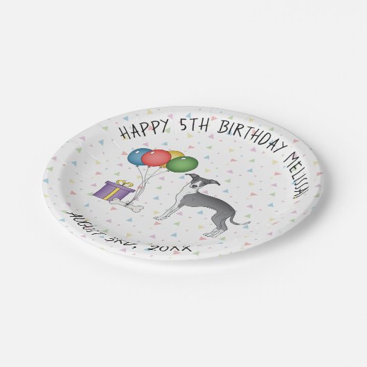 青と白グレイハウンドイタリアンかわいい犬の誕生日 ペーパープレート (アングル)
