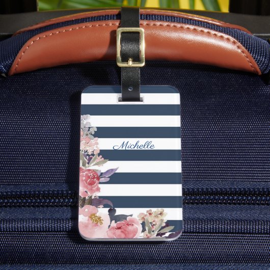 青と白ストライプのモノグラムの荷札 ラゲッジタグ (正面インサイチュ2)