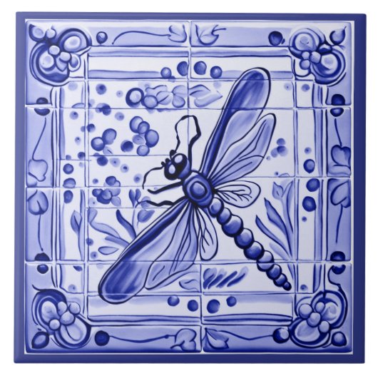 青と白ドラゴンフライ地中海のフォークアート タイル (正面)