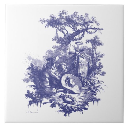 青と白バロックのロココ犬と羊の風景 タイル (正面)