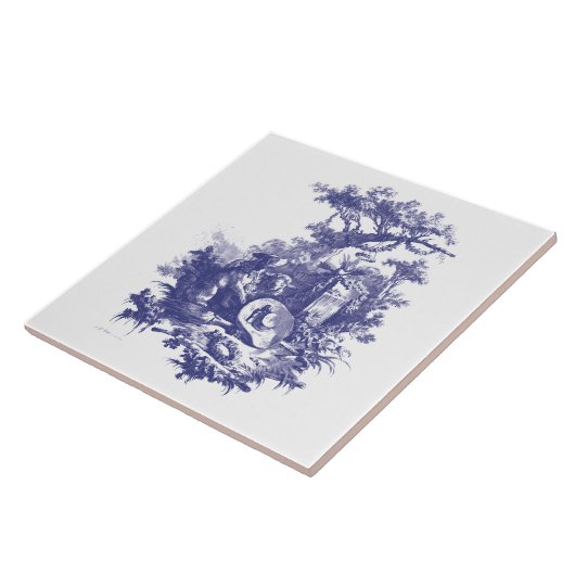 青と白バロックのロココ犬と羊の風景 タイル (側面)