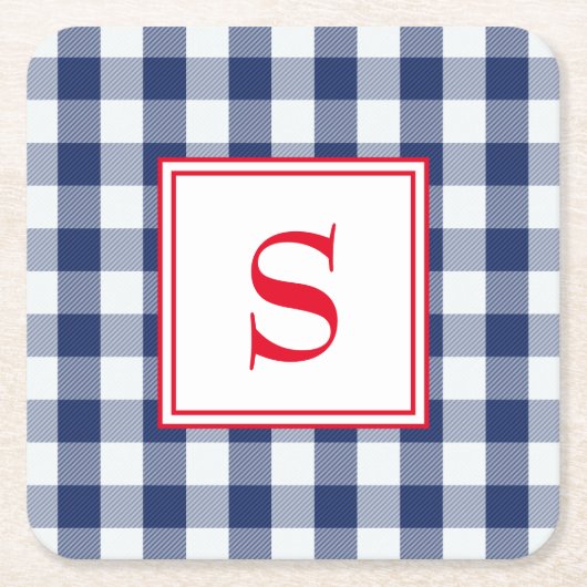 青と白パーソナライズされたのバッファロープレイド スクエアペーパーコースター (正面)