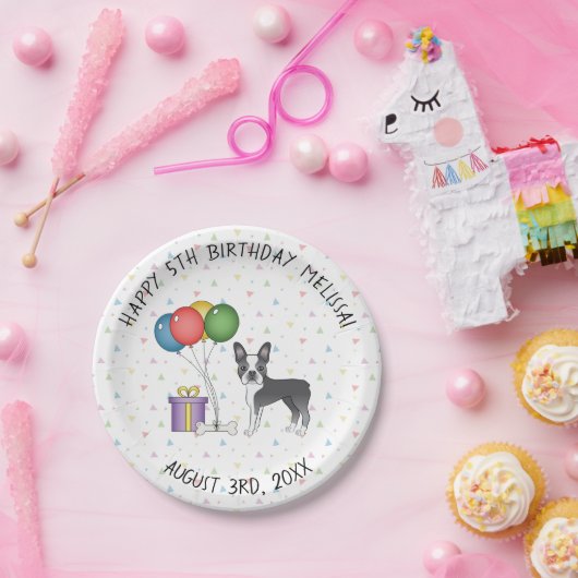 青と白ボストンテリアかわいい犬 – 誕生日 ペーパープレート (パーティー)