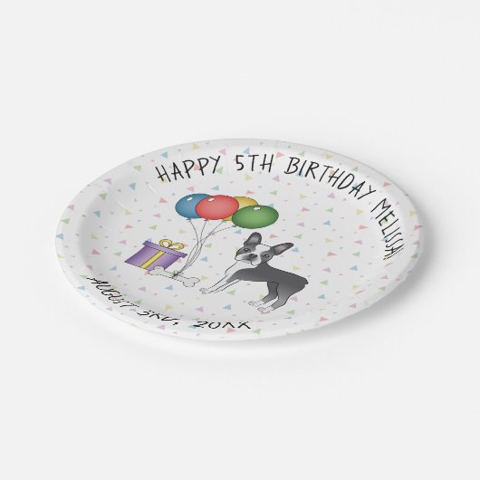 青と白ボストンテリアかわいい犬 – 誕生日 ペーパープレート (アングル)