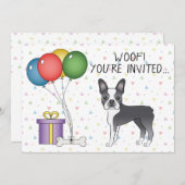青と白ボストンテリアかわいい犬 – 誕生日 招待状 (正面/裏面)