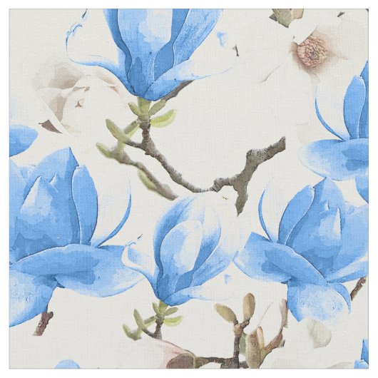 青と白マグノリアの花の水色パターン ファブリック (クローズアップ)
