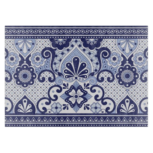 青と白メキシコのタラベラフォークアートタイル カッティングボード (正面)