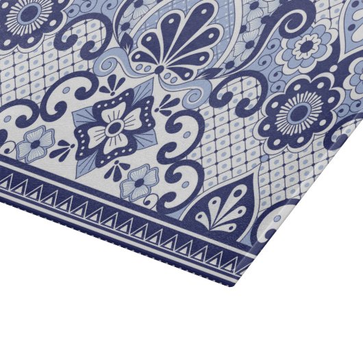 青と白メキシコのタラベラフォークアートタイル カッティングボード (角)