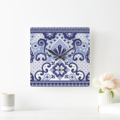 青と白メキシコのタラベラフォークアートタイル スクエア壁時計 (ホーム)