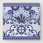 青と白メキシコのタラベラフォークアートタイル スクエア壁時計 (正面)