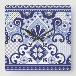 青と白メキシコのタラベラフォークアートタイル スクエア壁時計