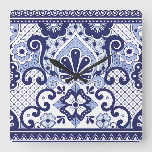 青と白メキシコのタラベラフォークアートタイル スクエア壁時計 (正面)