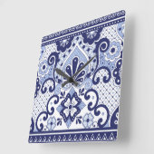 青と白メキシコのタラベラフォークアートタイル スクエア壁時計 (傾斜)