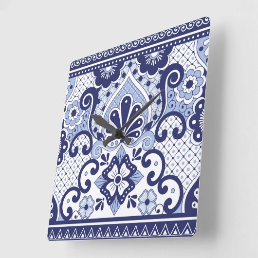 青と白メキシコのタラベラフォークアートタイル スクエア壁時計 (傾斜)