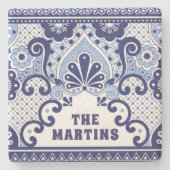 青と白メキシコのタラベラフォークアートタイル ストーンコースター (正面)