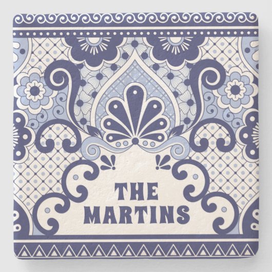 青と白メキシコのタラベラフォークアートタイル ストーンコースター (正面)