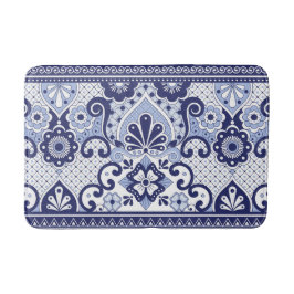 青と白メキシコのタラベラフォークアートタイル バスマット