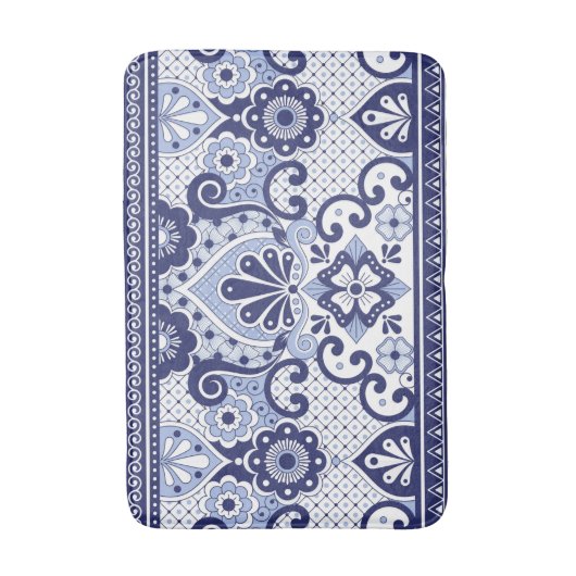 青と白メキシコのタラベラフォークアートタイル バスマット (正面縦)