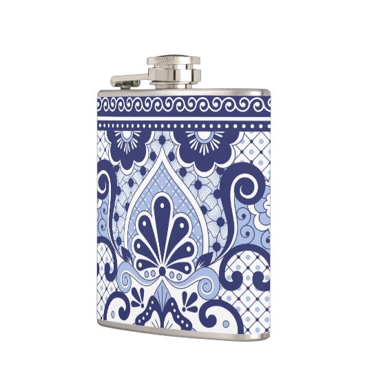 青と白メキシコのタラベラフォークアートタイル フラスク (左)