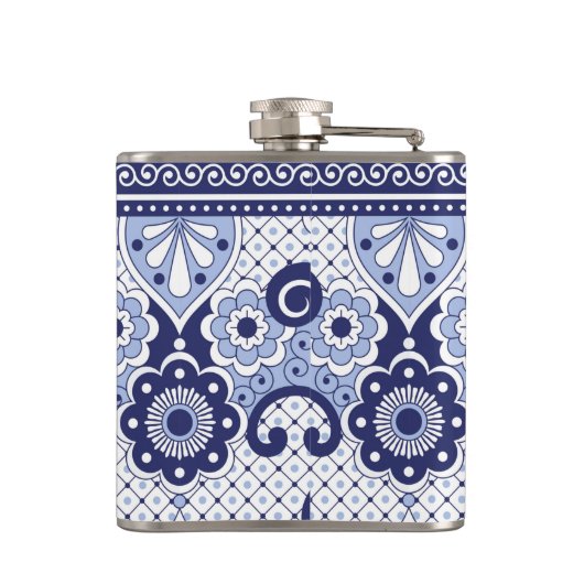 青と白メキシコのタラベラフォークアートタイル フラスク (裏面)