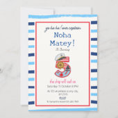 青と白モダンのストライプ航海の誕生日 招待状 (正面)