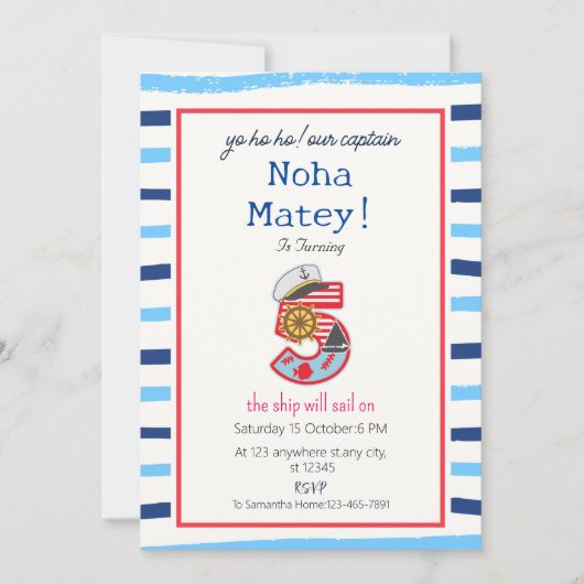 青と白モダンのストライプ航海の誕生日 招待状 (正面)