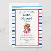 青と白モダンのストライプ航海の誕生日 招待状 (正面/裏面)