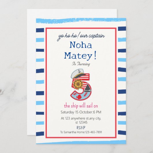 青と白モダンのストライプ航海の誕生日 招待状 (正面/裏面)