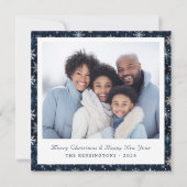 青と白モダンの雪片ホリデーフォト シーズンカード (正面)