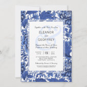 青と白ヴィンテージウェディングフローラチンツ 招待状 (正面)