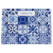 青と白地中海ののタパーソナライズされたイル ラージペーパーバッグ (正面)