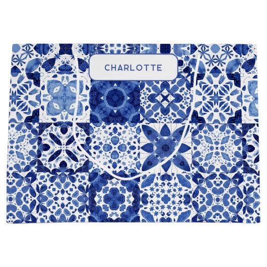 青と白地中海ののタパーソナライズされたイル ラージペーパーバッグ (正面)