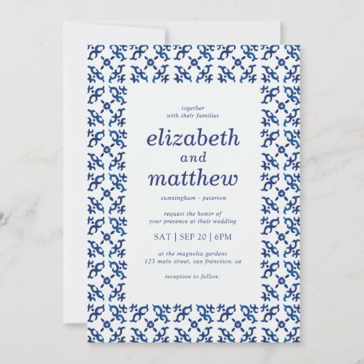 青と白地中海ののタ結婚イル 招待状 (正面)